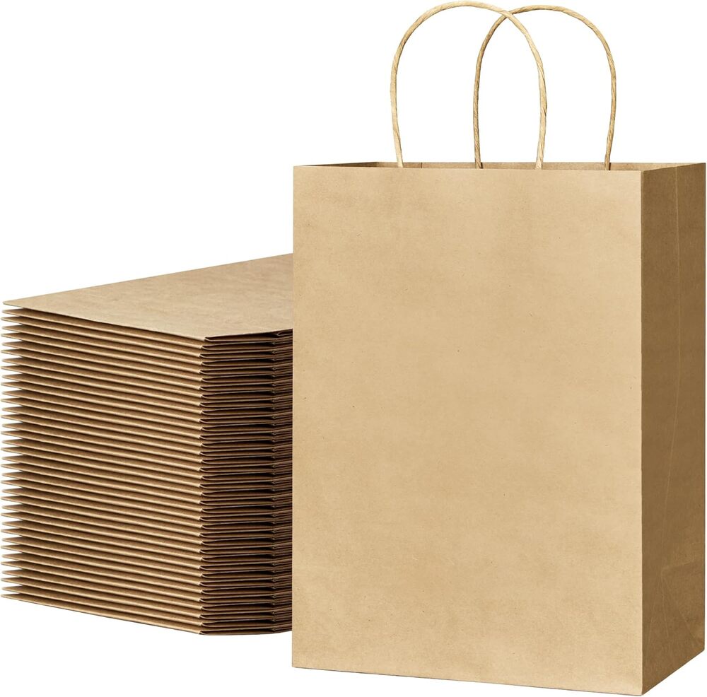 100 Pcs Gift Brown Paper Bags with Handles Bulk 8x4.5x10.8 Inch Medium Kraft+